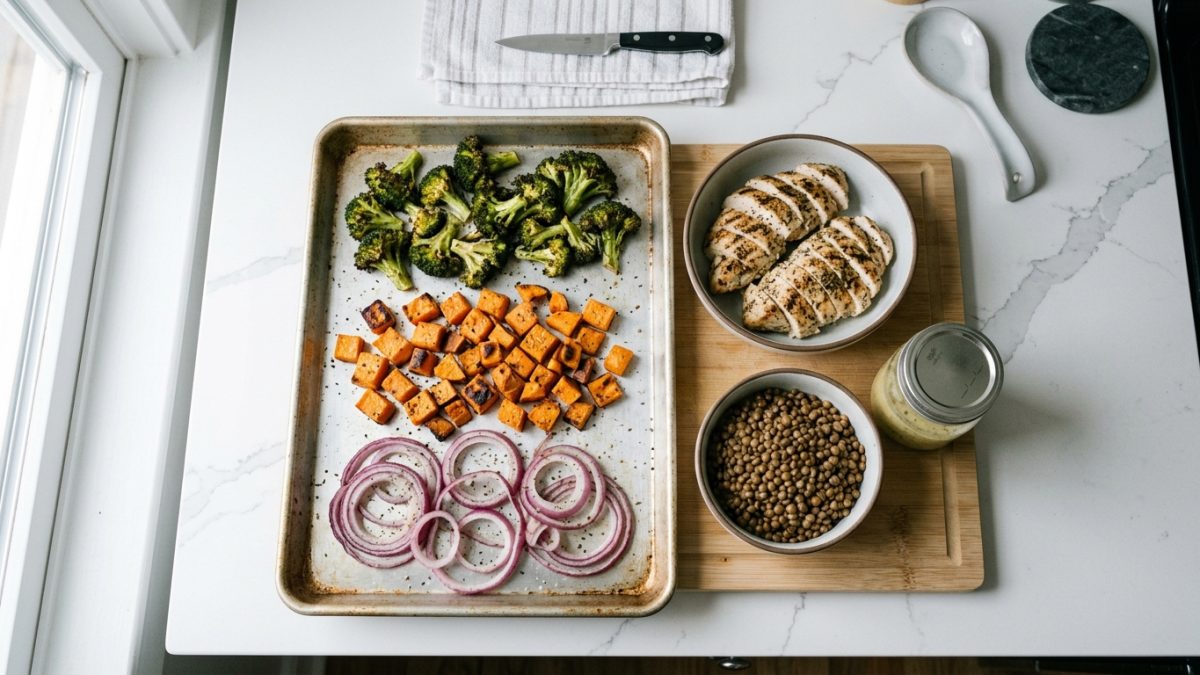 Sunday batch cooking layout with three roasted vegetables, two proteins, and one base sauce in glass containers