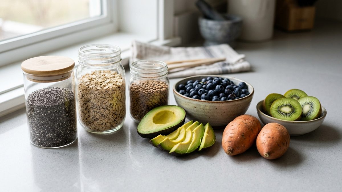 Whole high-fiber foods arranged on neutral stone counter: lentils, raspberries, avocados, chia, and artichoke